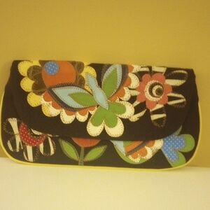 Colorful Floral Clutch Canvas Envelope Clutch Bag With Colorful Leather Trim